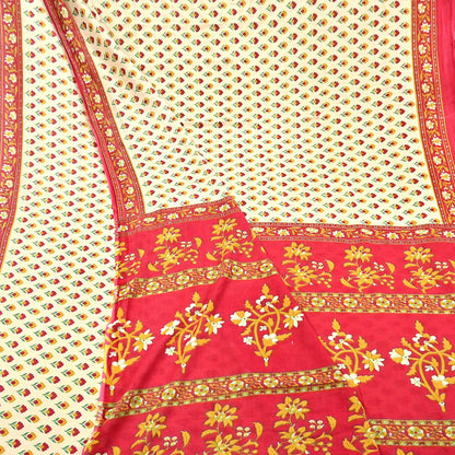 Indian Vintage Sari Red & Ivory Printed 100% Pure Cotton Sarees Craft Fabric 5Yard Sewing Sarong Wrap Boho Floral Dress making Quilting Soft