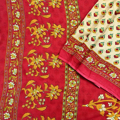 Indian Vintage Sari Red & Ivory Printed 100% Pure Cotton Sarees Craft Fabric 5Yard Sewing Sarong Wrap Boho Floral Dress making Quilting Soft