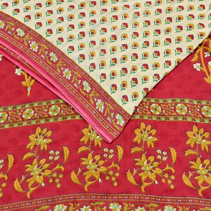 Indian Vintage Sari Red & Ivory Printed 100% Pure Cotton Sarees Craft Fabric 5Yard Sewing Sarong Wrap Boho Floral Dress making Quilting Soft