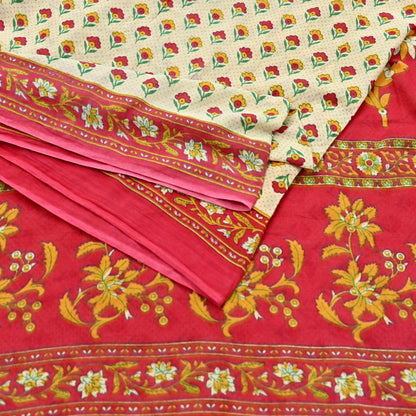 Indian Vintage Sari Red & Ivory Printed 100% Pure Cotton Sarees Craft Fabric 5Yard Sewing Sarong Wrap Boho Floral Dress making Quilting Soft