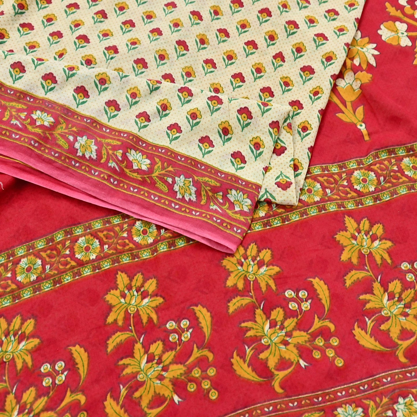 Indian Vintage Sari Red & Ivory Printed 100% Pure Cotton Sarees Craft Fabric 5Yard Sewing Sarong Wrap Boho Floral Dress making Quilting Soft