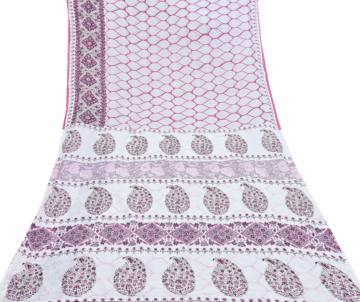 Indian Vintage Sari White & Pink Printed Pure Cotton Sarees Craft Fabric 5Yd Sewing Sarong Wrap Boho Floral Quilting Dress making