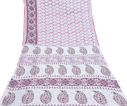 Indian Vintage Sari White & Pink Printed Pure Cotton Sarees Craft Fabric 5Yd Sewing Sarong Wrap Boho Floral Quilting Dress making