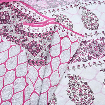 Indian Vintage Sari White & Pink Printed Pure Cotton Sarees Craft Fabric 5Yd Sewing Sarong Wrap Boho Floral Quilting Dress making