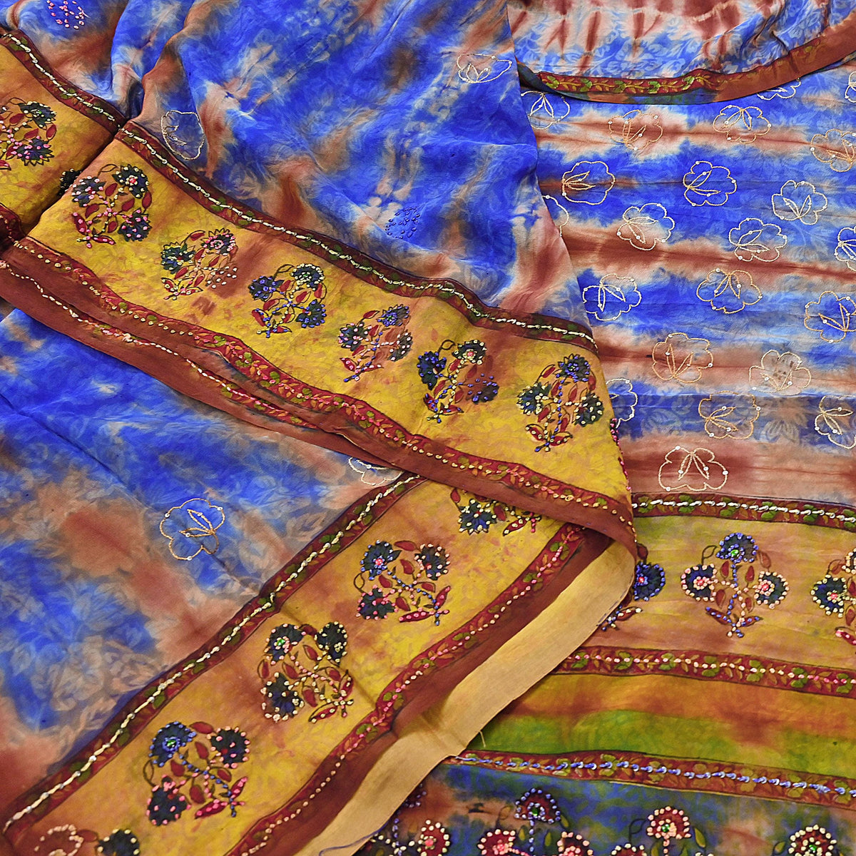 Indian Vintage Saree Brown & Blue Pure Crepe Silk Tie-Dye Embroidered Sari Fabric 5yard Sewing Floral Soft Zari