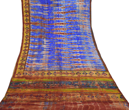Indian Vintage Saree Brown & Blue Pure Crepe Silk Tie-Dye Embroidered Sari Fabric 5yard Sewing Floral Soft Zari