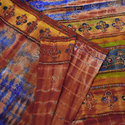 Indian Vintage Saree Brown & Blue Pure Crepe Silk Tie-Dye Embroidered Sari Fabric 5yard Sewing Floral Soft Zari