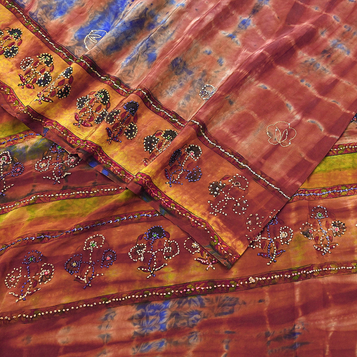 Indian Vintage Saree Brown & Blue Pure Crepe Silk Tie-Dye Embroidered Sari Fabric 5yard Sewing Floral Soft Zari