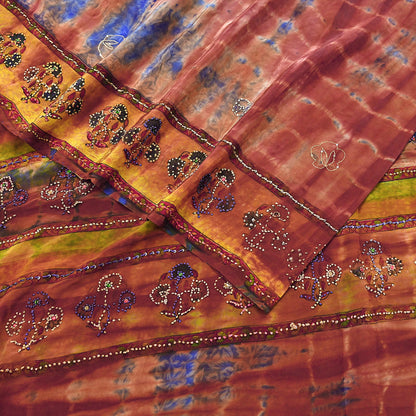 Indian Vintage Saree Brown & Blue Pure Crepe Silk Tie-Dye Embroidered Sari Fabric 5yard Sewing Floral Soft Zari