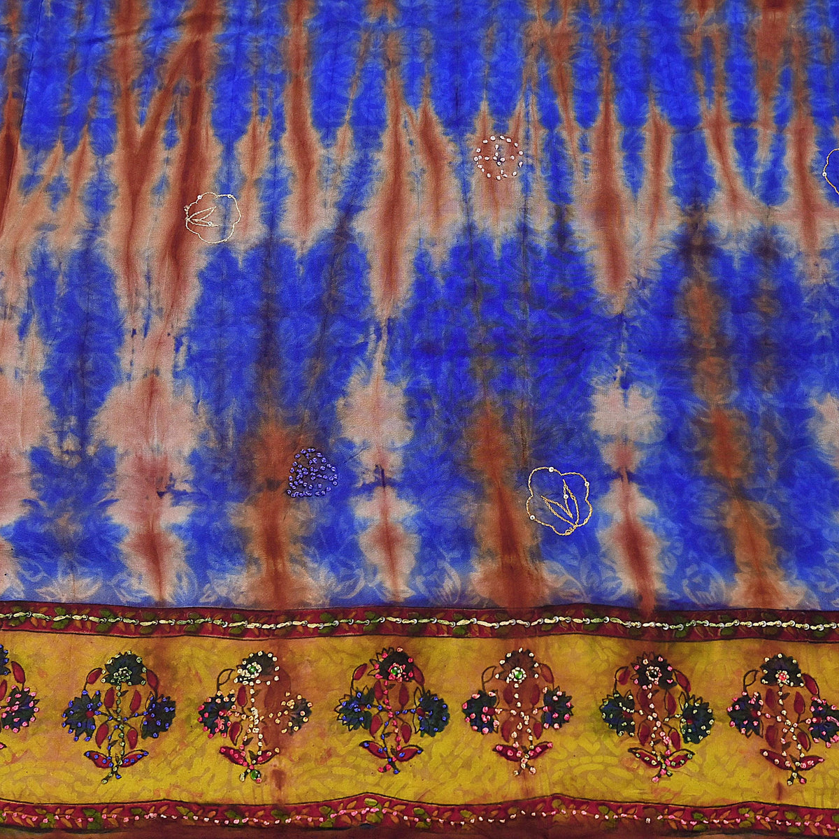 Indian Vintage Saree Brown & Blue Pure Crepe Silk Tie-Dye Embroidered Sari Fabric 5yard Sewing Floral Soft Zari