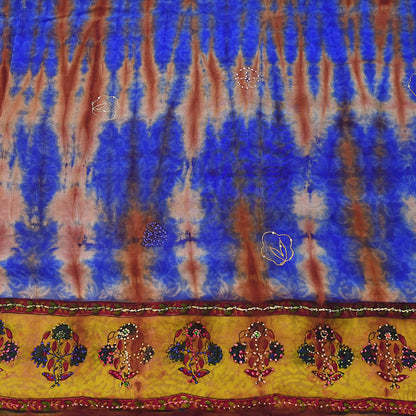 Indian Vintage Saree Brown & Blue Pure Crepe Silk Tie-Dye Embroidered Sari Fabric 5yard Sewing Floral Soft Zari