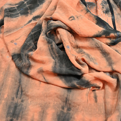 Indian Vintage Saree Peach & Black Pure Crepe Silk Hand Embroidered Tie-Dye Sari Fabric 5yard Sewing Craft Fabric Dressmaking Crafting Zari