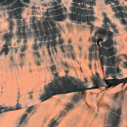 Indian Vintage Saree Peach & Black Pure Crepe Silk Hand Embroidered Tie-Dye Sari Fabric 5yard Sewing Craft Fabric Dressmaking Crafting Zari