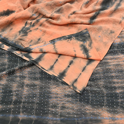 Indian Vintage Saree Peach & Black Pure Crepe Silk Hand Embroidered Tie-Dye Sari Fabric 5yard Sewing Craft Fabric Dressmaking Crafting Zari