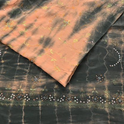 Indian Vintage Saree Peach & Black Pure Crepe Silk Hand Embroidered Tie-Dye Sari Fabric 5yard Sewing Craft Fabric Dressmaking Crafting Zari