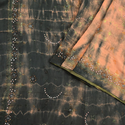 Indian Vintage Saree Peach & Black Pure Crepe Silk Hand Embroidered Tie-Dye Sari Fabric 5yard Sewing Craft Fabric Dressmaking Crafting Zari