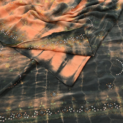 Indian Vintage Saree Peach & Black Pure Crepe Silk Hand Embroidered Tie-Dye Sari Fabric 5yard Sewing Craft Fabric Dressmaking Crafting Zari