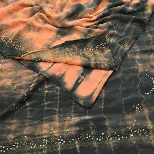 Indian Vintage Saree Peach & Black Pure Crepe Silk Hand Embroidered Tie-Dye Sari Fabric 5yard Sewing Craft Fabric Dressmaking Crafting Zari