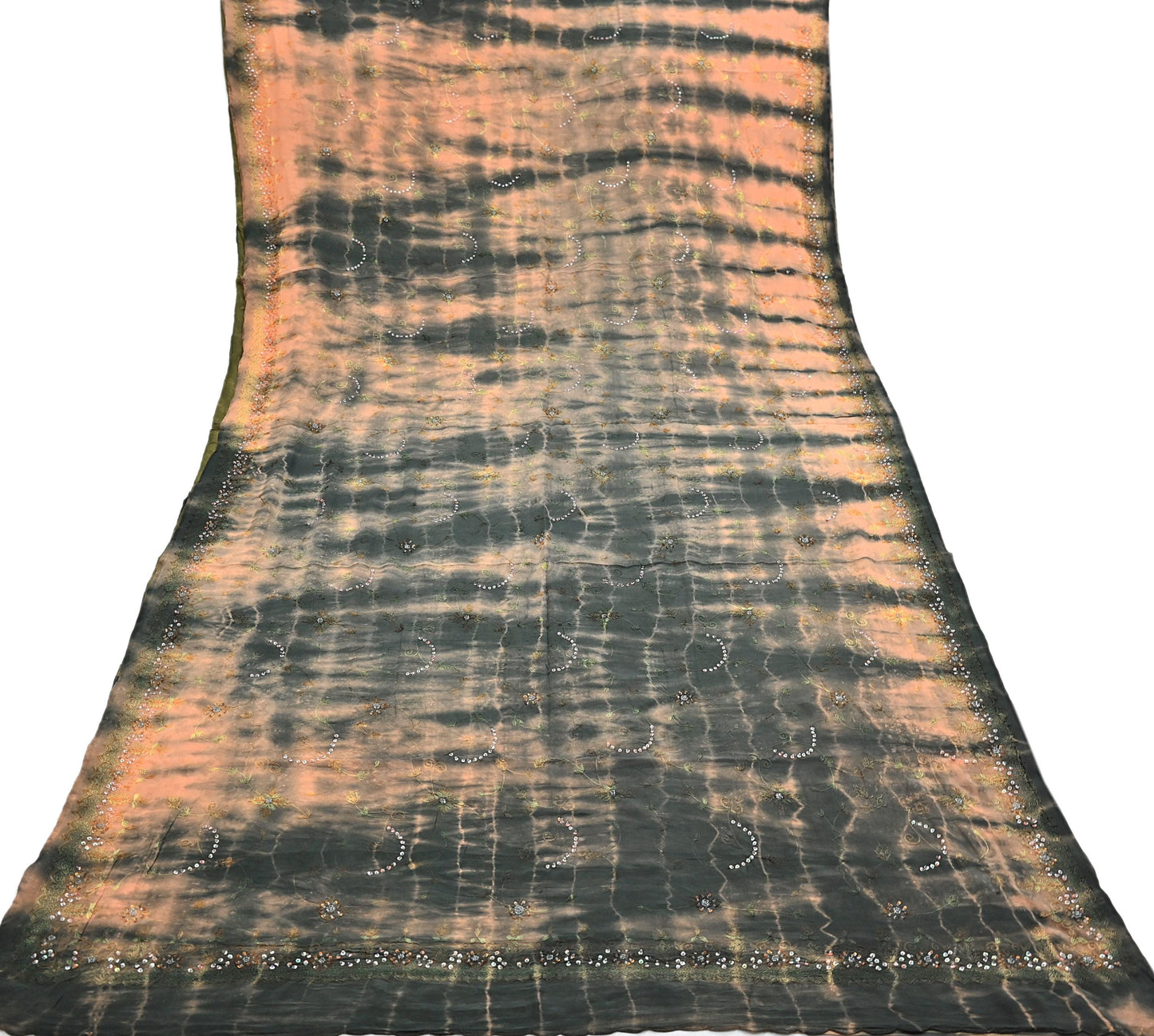 Indian Vintage Saree Peach & Black Pure Crepe Silk Hand Embroidered Tie-Dye Sari Fabric 5yard Sewing Craft Fabric Dressmaking Crafting Zari
