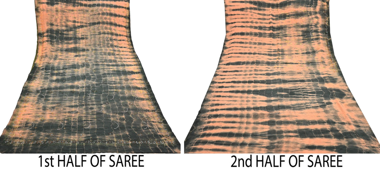 Indian Vintage Saree Peach & Black Pure Crepe Silk Hand Embroidered Tie-Dye Sari Fabric 5yard Sewing Craft Fabric Dressmaking Crafting Zari