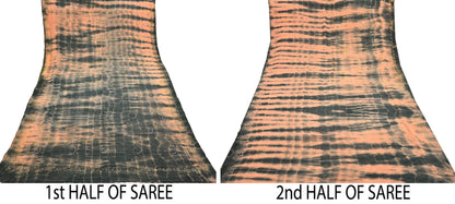 Indian Vintage Saree Peach & Black Pure Crepe Silk Hand Embroidered Tie-Dye Sari Fabric 5yard Sewing Craft Fabric Dressmaking Crafting Zari