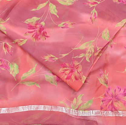 Women Vintage Sari Peach Pure Chiffon Silk Printed Sarees Craft Fabric Sewing 5Yd Soft Dress Making Crafting Quilting Upcycle Used