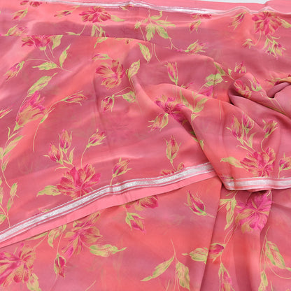 Women Vintage Sari Peach Pure Chiffon Silk Printed Sarees Craft Fabric Sewing 5Yd Soft Dress Making Crafting Quilting Upcycle Used