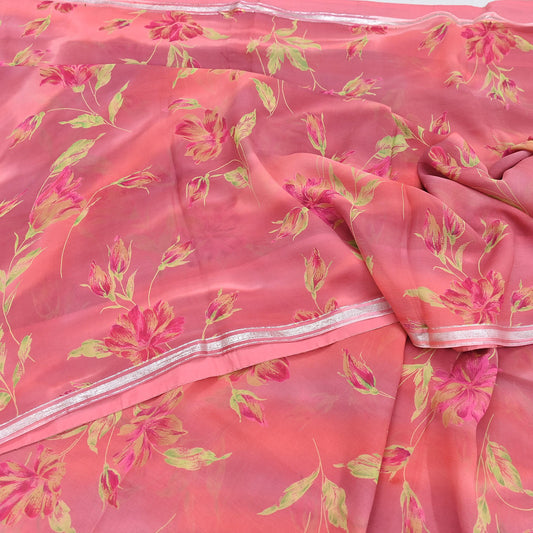 Women Vintage Sari Peach Pure Chiffon Silk Printed Sarees Craft Fabric Sewing 5Yd Soft Dress Making Crafting Quilting Upcycle Used