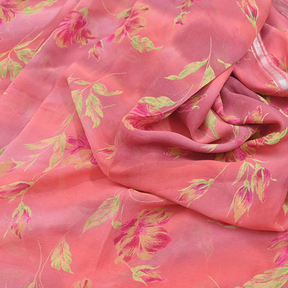 Women Vintage Sari Peach Pure Chiffon Silk Printed Sarees Craft Fabric Sewing 5Yd Soft Dress Making Crafting Quilting Upcycle Used