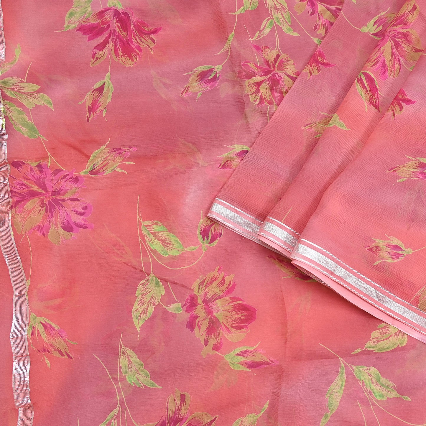 Women Vintage Sari Peach Pure Chiffon Silk Printed Sarees Craft Fabric Sewing 5Yd Soft Dress Making Crafting Quilting Upcycle Used