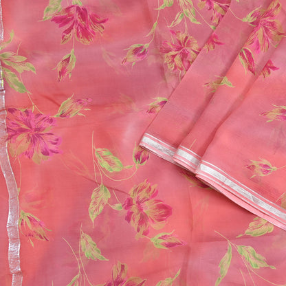 Women Vintage Sari Peach Pure Chiffon Silk Printed Sarees Craft Fabric Sewing 5Yd Soft Dress Making Crafting Quilting Upcycle Used