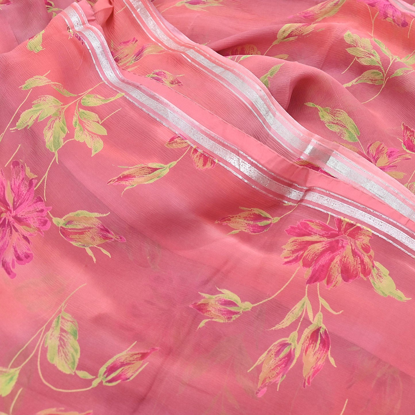 Women Vintage Sari Peach Pure Chiffon Silk Printed Sarees Craft Fabric Sewing 5Yd Soft Dress Making Crafting Quilting Upcycle Used