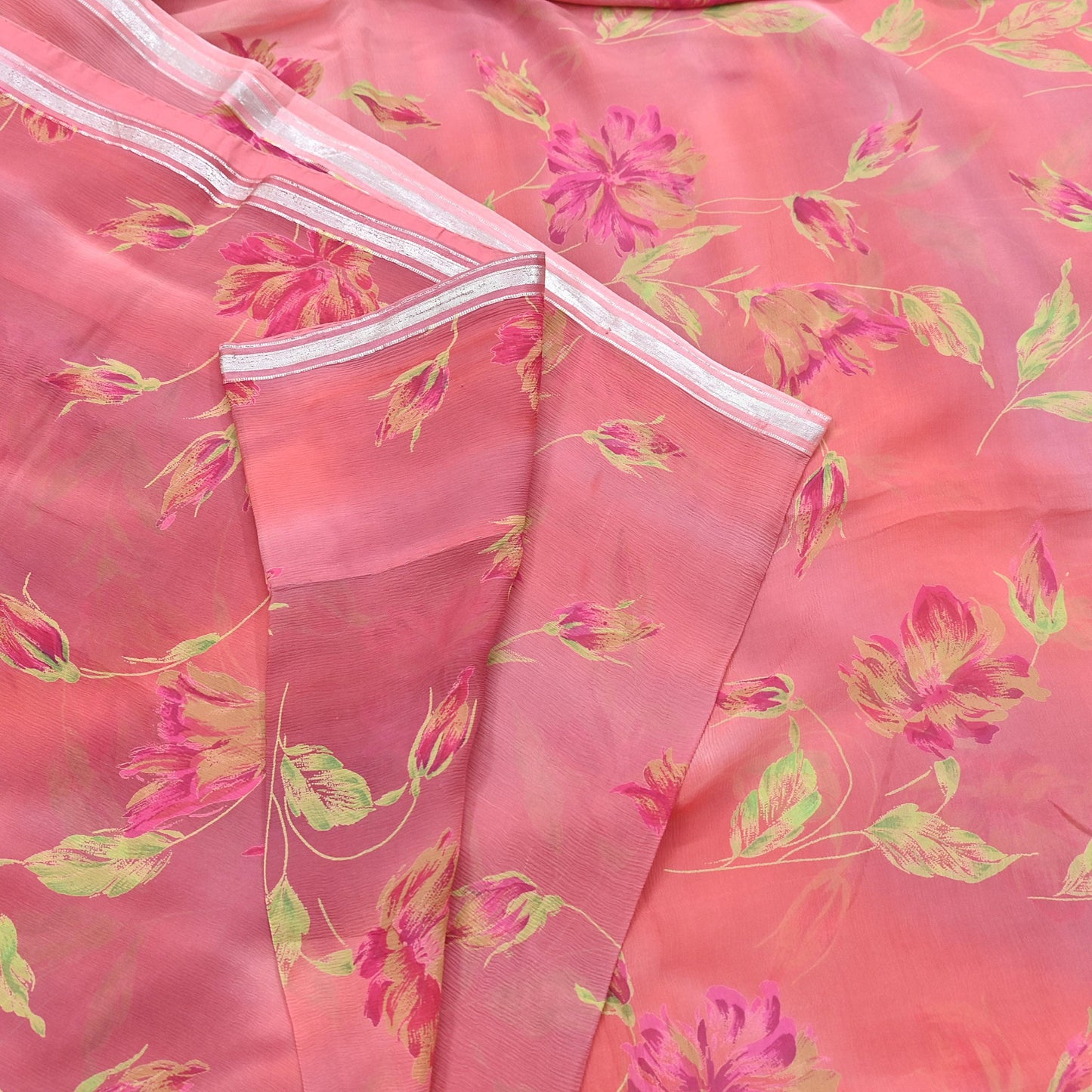 Women Vintage Sari Peach Pure Chiffon Silk Printed Sarees Craft Fabric Sewing 5Yd Soft Dress Making Crafting Quilting Upcycle Used
