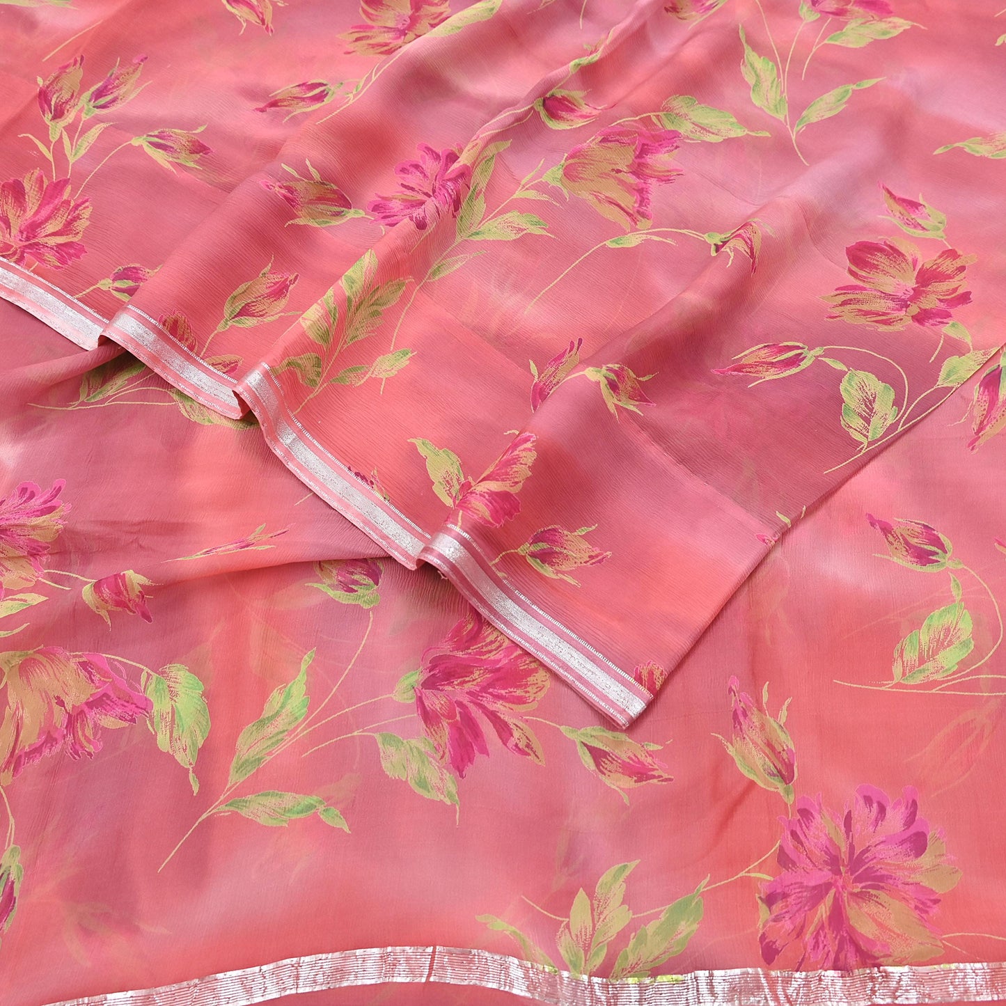Women Vintage Sari Peach Pure Chiffon Silk Printed Sarees Craft Fabric Sewing 5Yd Soft Dress Making Crafting Quilting Upcycle Used