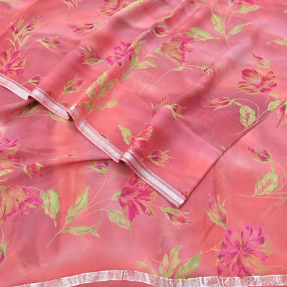 Women Vintage Sari Peach Pure Chiffon Silk Printed Sarees Craft Fabric Sewing 5Yd Soft Dress Making Crafting Quilting Upcycle Used