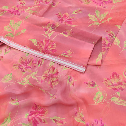 Women Vintage Sari Peach Pure Chiffon Silk Printed Sarees Craft Fabric Sewing 5Yd Soft Dress Making Crafting Quilting Upcycle Used