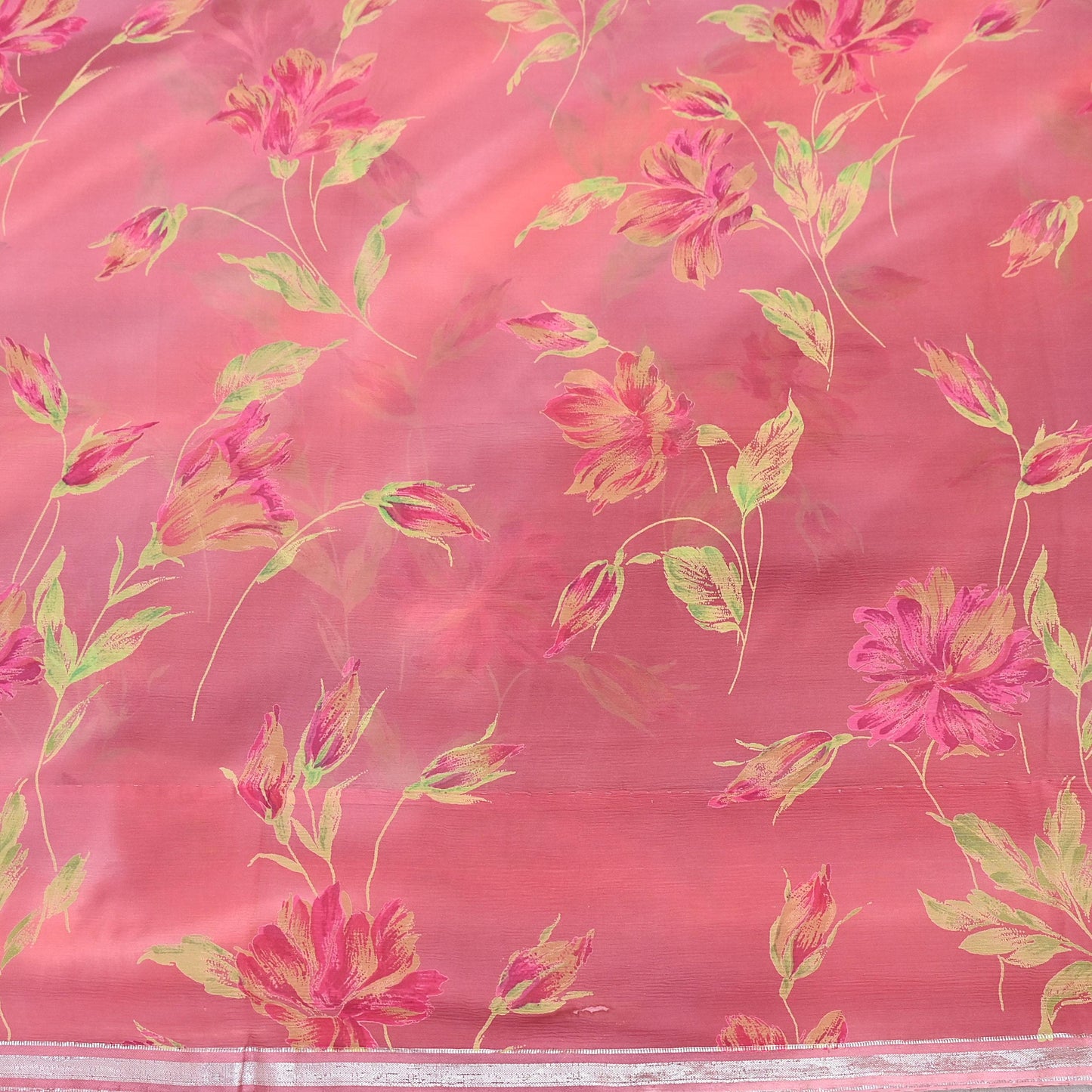Women Vintage Sari Peach Pure Chiffon Silk Printed Sarees Craft Fabric Sewing 5Yd Soft Dress Making Crafting Quilting Upcycle Used