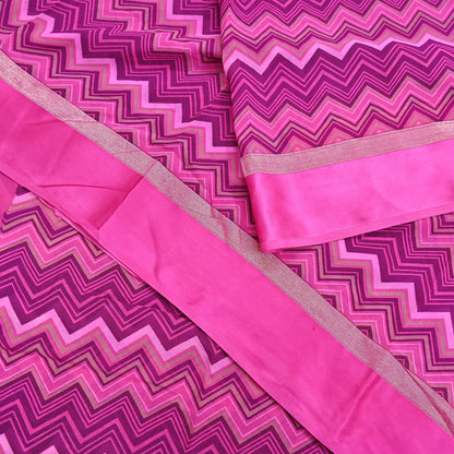 Indian Vintage Sari Pink Pure Georgette Silk Printed Saree Craft Fabric Sewing 5Yd Soft Light Dress Making Crafting Quilting Upcycle Zigzag