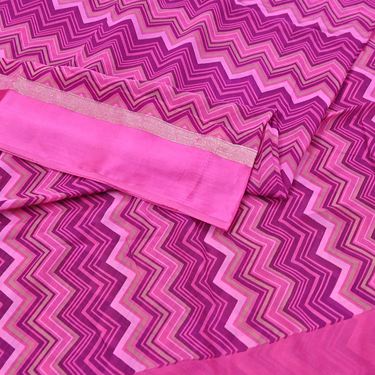 Indian Vintage Sari Pink Pure Georgette Silk Printed Saree Craft Fabric Sewing 5Yd Soft Light Dress Making Crafting Quilting Upcycle Zigzag