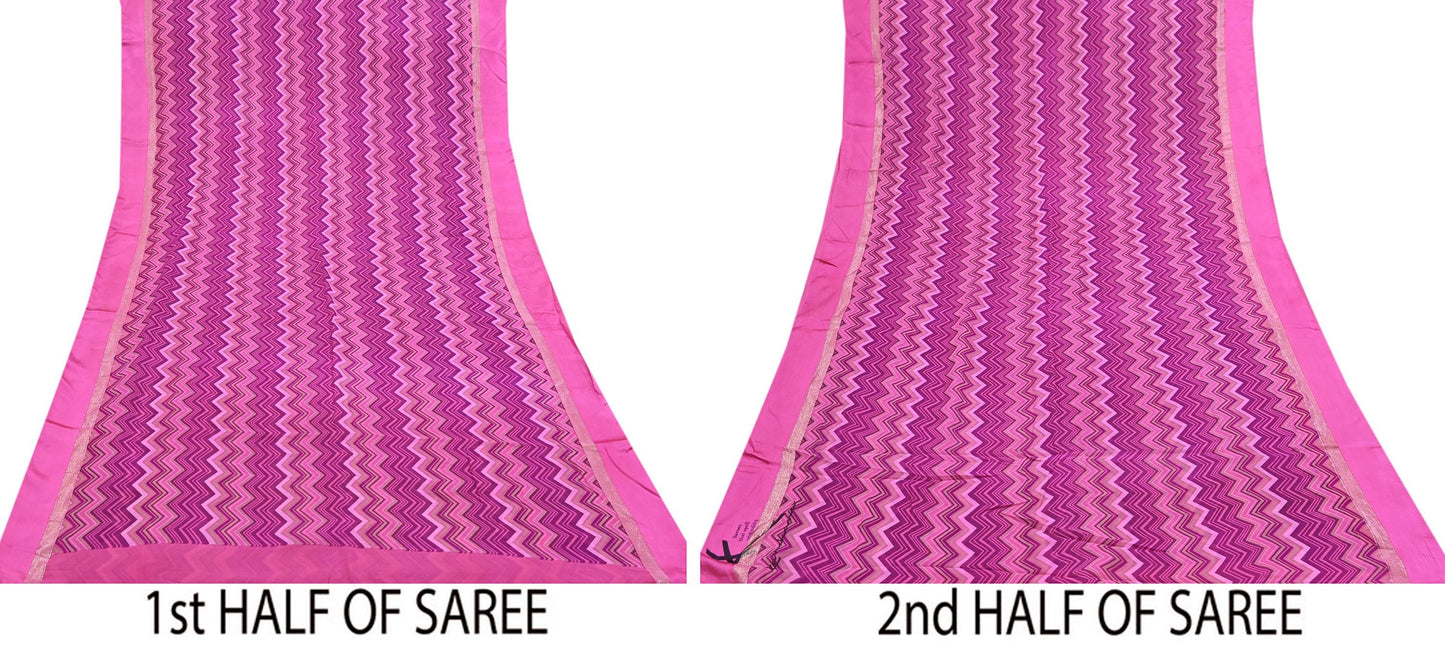 Indian Vintage Sari Pink Pure Georgette Silk Printed Saree Craft Fabric Sewing 5Yd Soft Light Dress Making Crafting Quilting Upcycle Zigzag