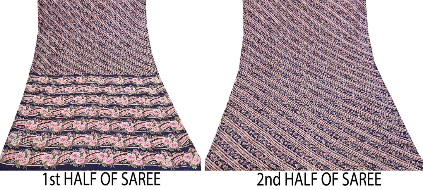 Indian Vintage Sari Blue 100% Pure Silk Printed Saree Craft Fabric 6yd Sewing Dress Making Soft Wrap Quilting Crafting Upcycle