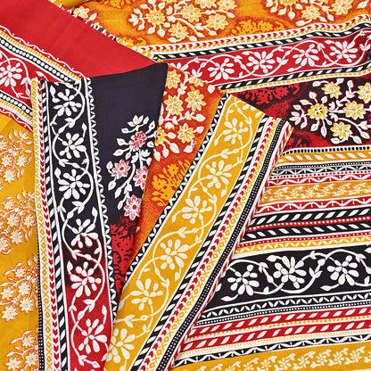 Indian Vintage Sari Yellow 100% Pure Silk Printed Sarees 5yd Sewing Craft Fabric Dress Making Soft Woven Border Upcycle Quilting