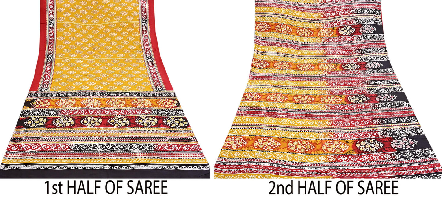 Indian Vintage Sari Yellow 100% Pure Silk Printed Sarees 5yd Sewing Craft Fabric Dress Making Soft Woven Border Upcycle Quilting