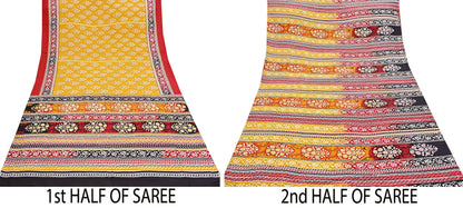 Indian Vintage Sari Yellow 100% Pure Silk Printed Sarees 5yd Sewing Craft Fabric Dress Making Soft Woven Border Upcycle Quilting