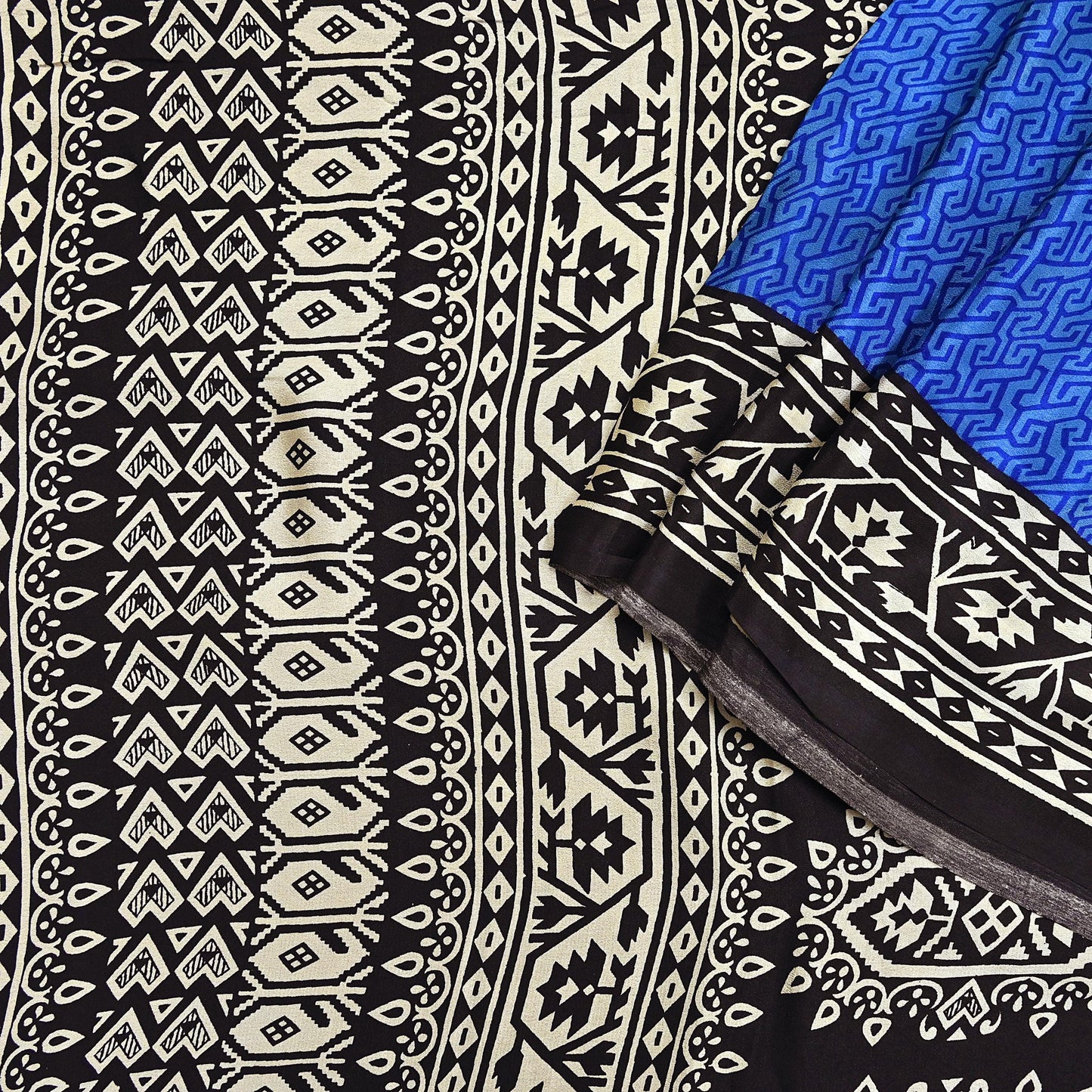 Indian Vintage Black & Blue Sarees Pure Silk Printed Sari 6yd Sewing Craft Fabric DressMaking Floral Soft Crafting Quilting
