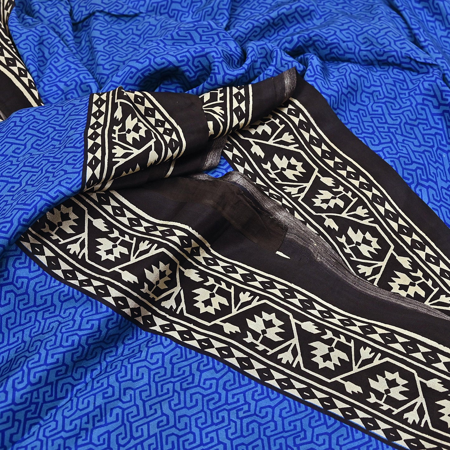 Indian Vintage Black & Blue Sarees Pure Silk Printed Sari 6yd Sewing Craft Fabric DressMaking Floral Soft Crafting Quilting