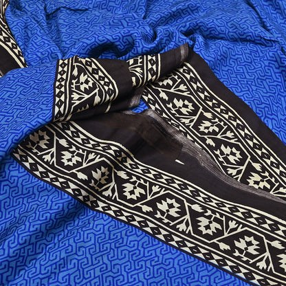 Indian Vintage Black & Blue Sarees Pure Silk Printed Sari 6yd Sewing Craft Fabric DressMaking Floral Soft Crafting Quilting