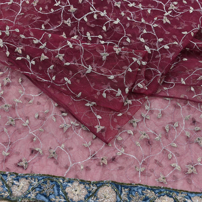 Indian Vintage Heavy Bridal Dupatta maroon Net Mesh Long Stole Hand Embroidered Scarves Golden Zari Wedding/Party Wear