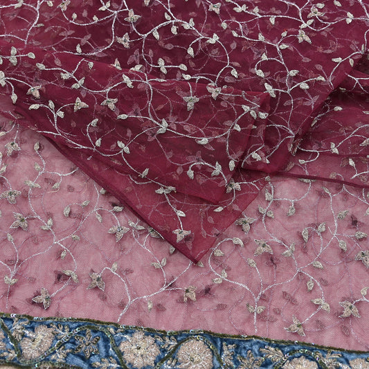 Indian Vintage Heavy Bridal Dupatta maroon Net Mesh Long Stole Hand Embroidered Scarves Golden Zari Wedding/Party Wear