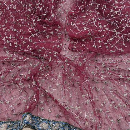Indian Vintage Heavy Bridal Dupatta maroon Net Mesh Long Stole Hand Embroidered Scarves Golden Zari Wedding/Party Wear